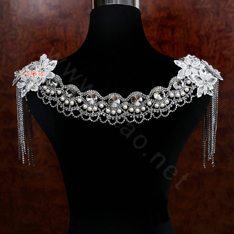 Elegant Bride Wedding Pearls Lace Flower Crystal Tassel Shawl Bridal Shoulder Chain Jewelry