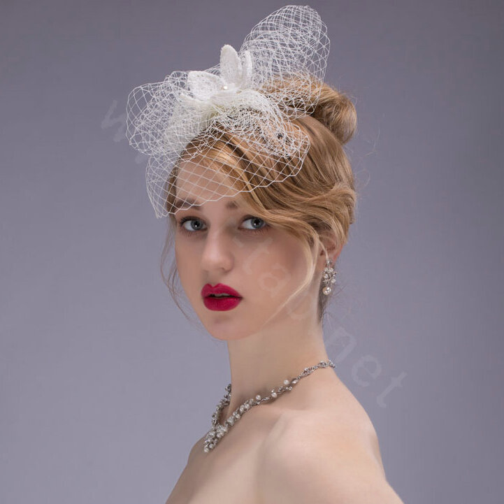 Elegant Pearl Gauze Bridal Fascinator Hair Headwear Accessories Bride Wedding Dress Prom Face Veils