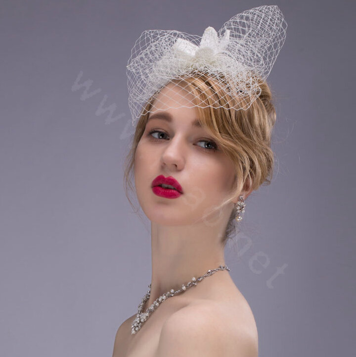 Elegant Pearl Gauze Bridal Fascinator Hair Headwear Accessories Bride Wedding Dress Prom Face Veils