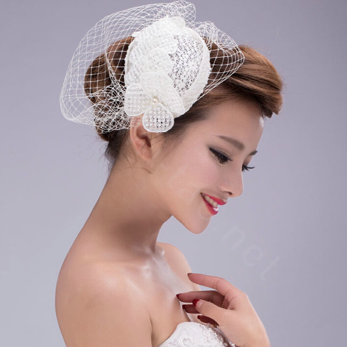 Elegant Pearl Lace Gauze Bridal Fascinator Hair Accessories Bride Wedding Dress Prom Hat Face Veils