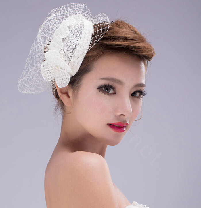 Elegant Pearl Lace Gauze Bridal Fascinator Hair Accessories Bride Wedding Dress Prom Hat Face Veils