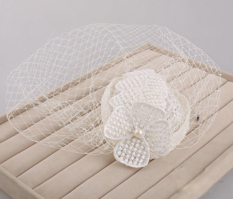 Elegant Pearl Lace Gauze Bridal Fascinator Hair Accessories Bride Wedding Dress Prom Hat Face Veils