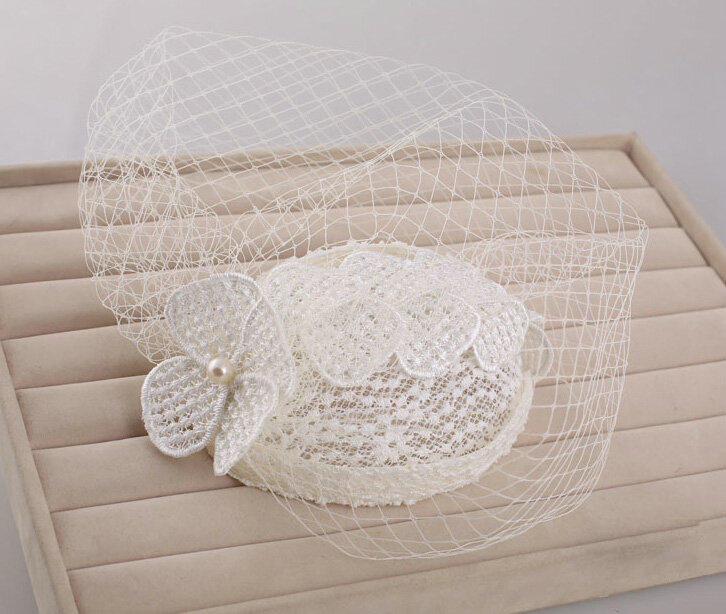 Elegant Pearl Lace Gauze Bridal Fascinator Hair Accessories Bride Wedding Dress Prom Hat Face Veils