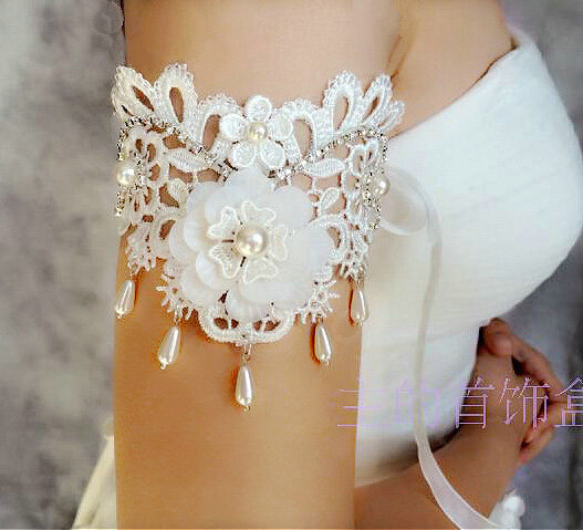 Elegant Pearl Rhinestone Lace Flower Bridal Armlet Wedding Party Perform Bracelet Arm Chain Accessories