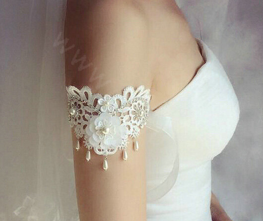 Elegant Pearl Rhinestone Lace Flower Bridal Armlet Wedding Party Perform Bracelet Arm Chain Accessories