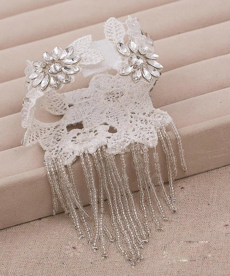 Elegant Rhinestone Lace Flower Bridal Wristlet Wedding Dress Stage Beads Tassel Bracelet Chain Accessories