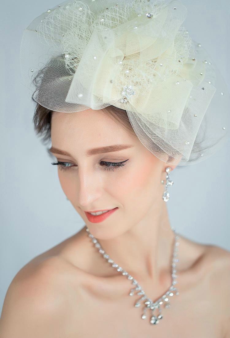 European Bowknot Crystal Gauze Bridal Fascinator Hair Accessories Wedding Dress Prom Hat Face Veils