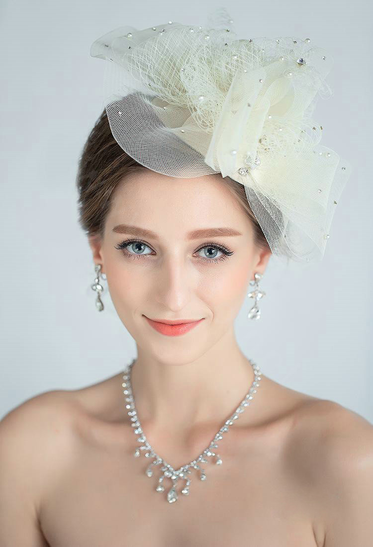 European Bowknot Crystal Gauze Bridal Fascinator Hair Accessories Wedding Dress Prom Hat Face Veils