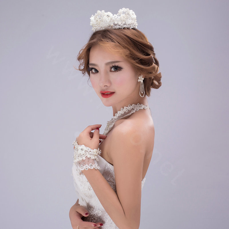 European Bridal Accessories Pearl Rhinestone Lace Flower Wedding Tiaras & Earrings & Necklace & Bracelet Set 4pcs