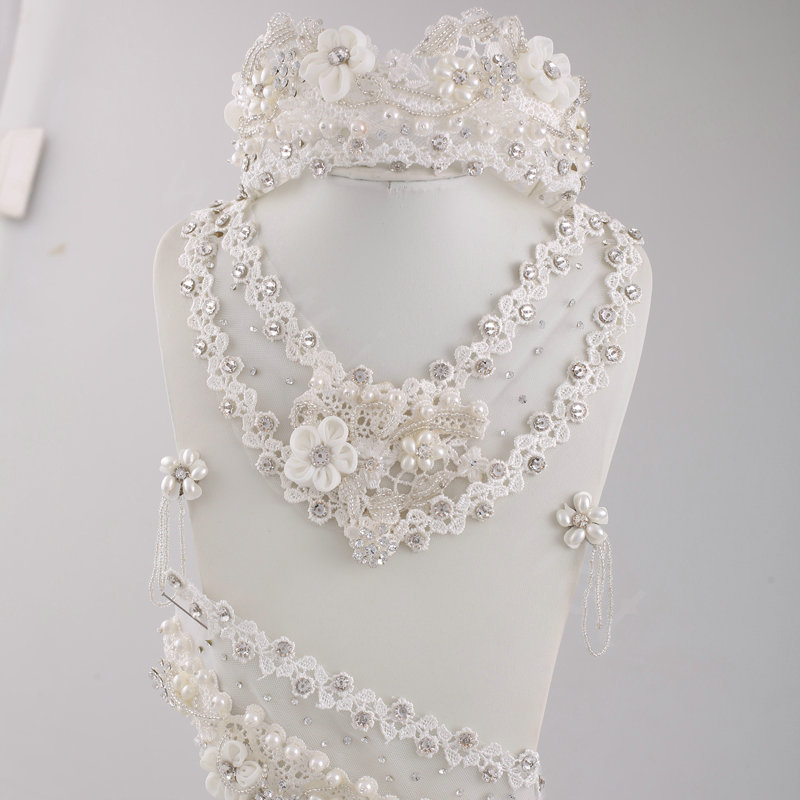 European Bridal Accessories Pearl Rhinestone Lace Flower Wedding Tiaras & Earrings & Necklace & Bracelet Set 4pcs