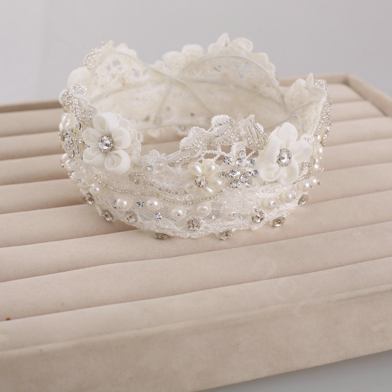 European Bridal Accessories Pearl Rhinestone Lace Flower Wedding Tiaras & Earrings & Necklace & Bracelet Set 4pcs