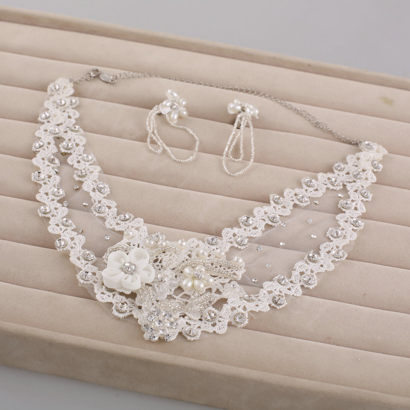European Bridal Accessories Pearl Rhinestone Lace Flower Wedding Tiaras & Earrings & Necklace & Bracelet Set 4pcs