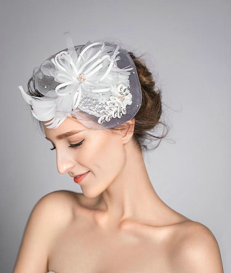 European Crystal Gauze Bridal Feather Fascinator Hair Accessories Wedding Dress Prom Hat Face Veils