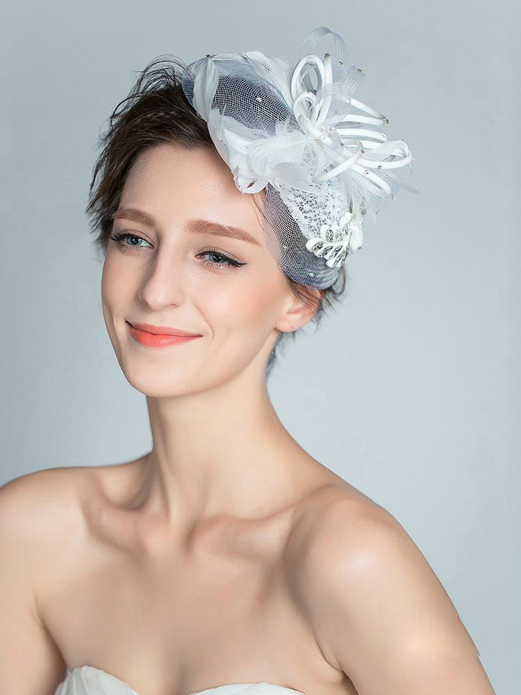 European Crystal Gauze Bridal Feather Fascinator Hair Accessories Wedding Dress Prom Hat Face Veils