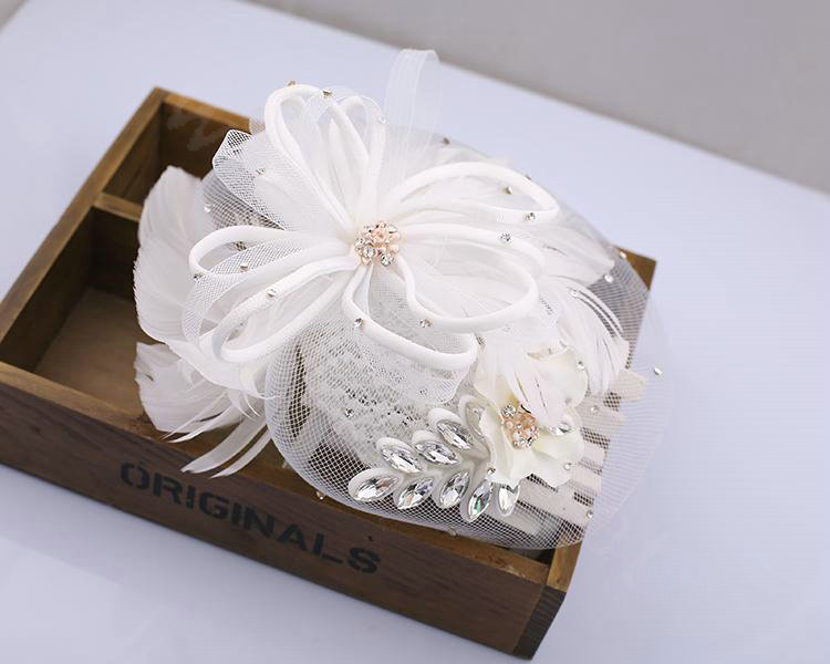 European Crystal Gauze Bridal Feather Fascinator Hair Accessories Wedding Dress Prom Hat Face Veils