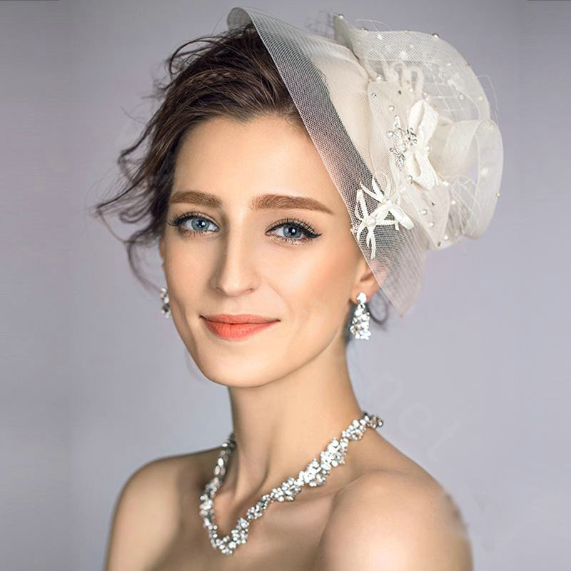 European Elegant Pearl Crystal Gauze Bridal Fascinator Hair Accessories Wedding Dress Prom Large Hat Face Veils