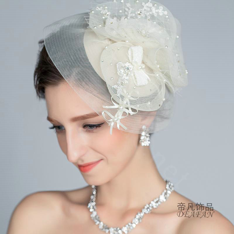 European Elegant Pearl Crystal Gauze Bridal Fascinator Hair Accessories Wedding Dress Prom Large Hat Face Veils