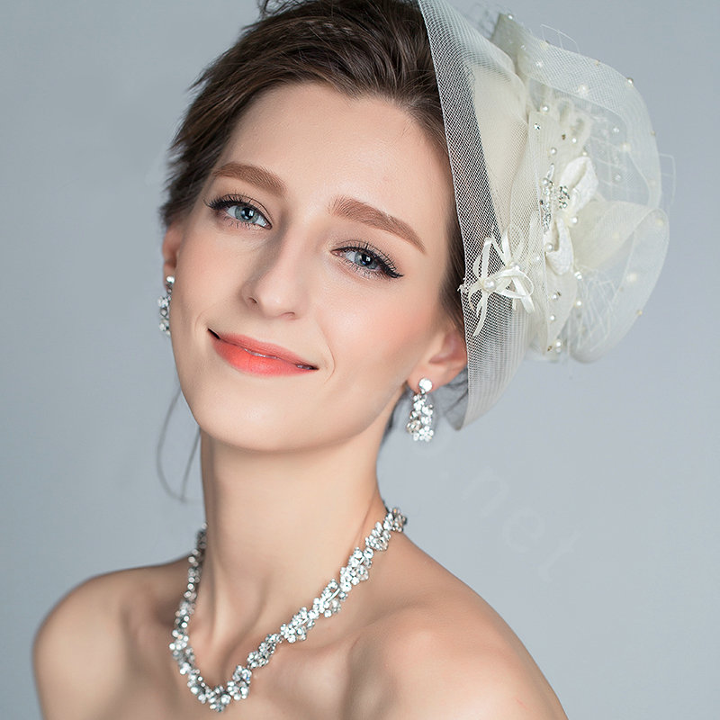 European Elegant Pearl Crystal Gauze Bridal Fascinator Hair Accessories Wedding Dress Prom Large Hat Face Veils