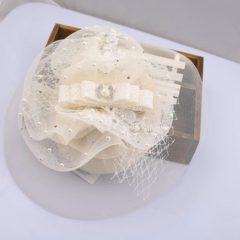 European Elegant Pearl Crystal Gauze Bridal Fascinator Hair Accessories Wedding Dress Prom Large Hat Face Veils