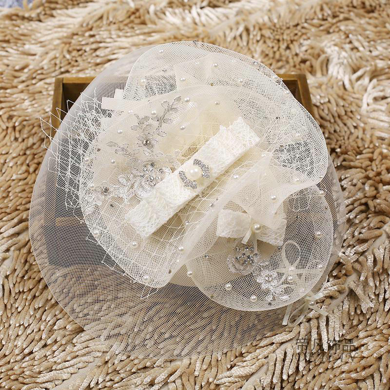 European Elegant Pearl Crystal Gauze Bridal Fascinator Hair Accessories Wedding Dress Prom Large Hat Face Veils