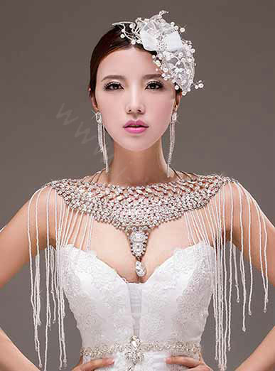 European Extreme Luxury Big Crystal Tassel Bridal Necklace Rhinestone Shoulder Chain Wedding Party Jewelry