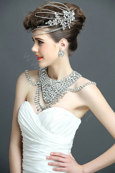 European Extreme Luxury Crystal Bridal Necklace Rhinestone Shoulder Chain Wedding Party Jewelry