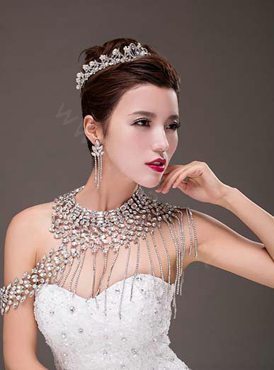 European Extreme Luxury Crystal Tassel Bridal Necklace Rhinestone Shoulder Chain Wedding Party Jewelry