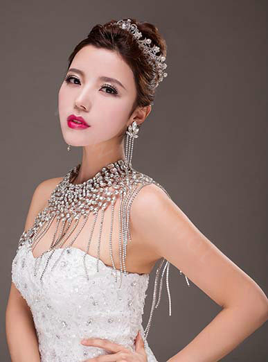 European Extreme Luxury Crystal Tassel Bridal Necklace Rhinestone Shoulder Chain Wedding Party Jewelry