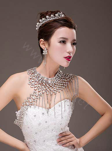 European Extreme Luxury Crystal Tassel Bridal Necklace Rhinestone Shoulder Chain Wedding Party Jewelry
