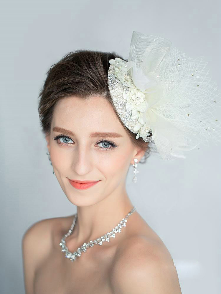 European Lace Flower Crystal Gauze Bridal Fascinator Hair Accessories Wedding Dress Prom Hat Face Veils