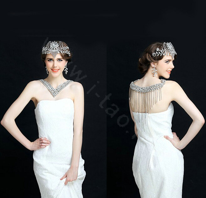 European Luxury Crystal Tassel Bridal Collar V Necklace Rhinestone Shoulder Chain Wedding Dress Jewelry