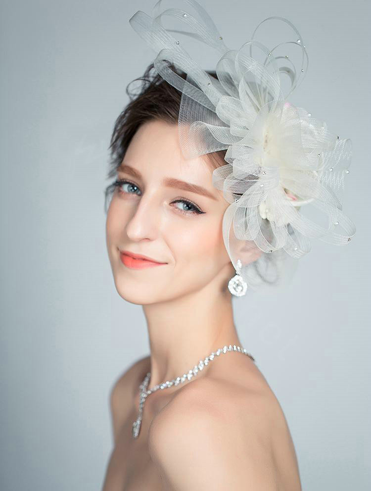 European Pearl Crystal Gauze Bridal Fascinator Hair Accessories Bride Wedding Dress Prom Large Hat Face Veils