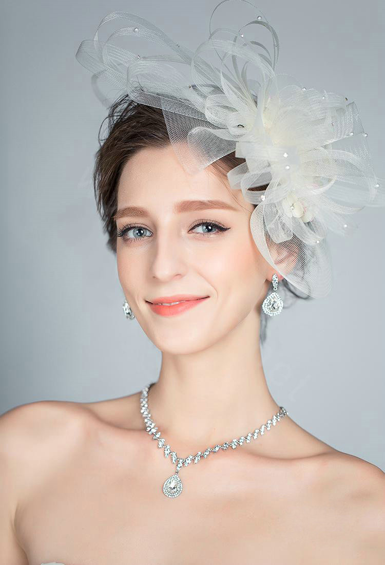 European Pearl Crystal Gauze Bridal Fascinator Hair Accessories Bride Wedding Dress Prom Large Hat Face Veils