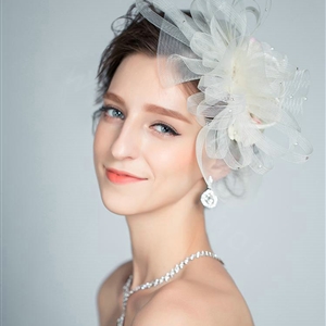 European Pearl Crystal Gauze Bridal Fascinator Hair Accessories Bride Wedding Dress Prom Large Hat Face Veils