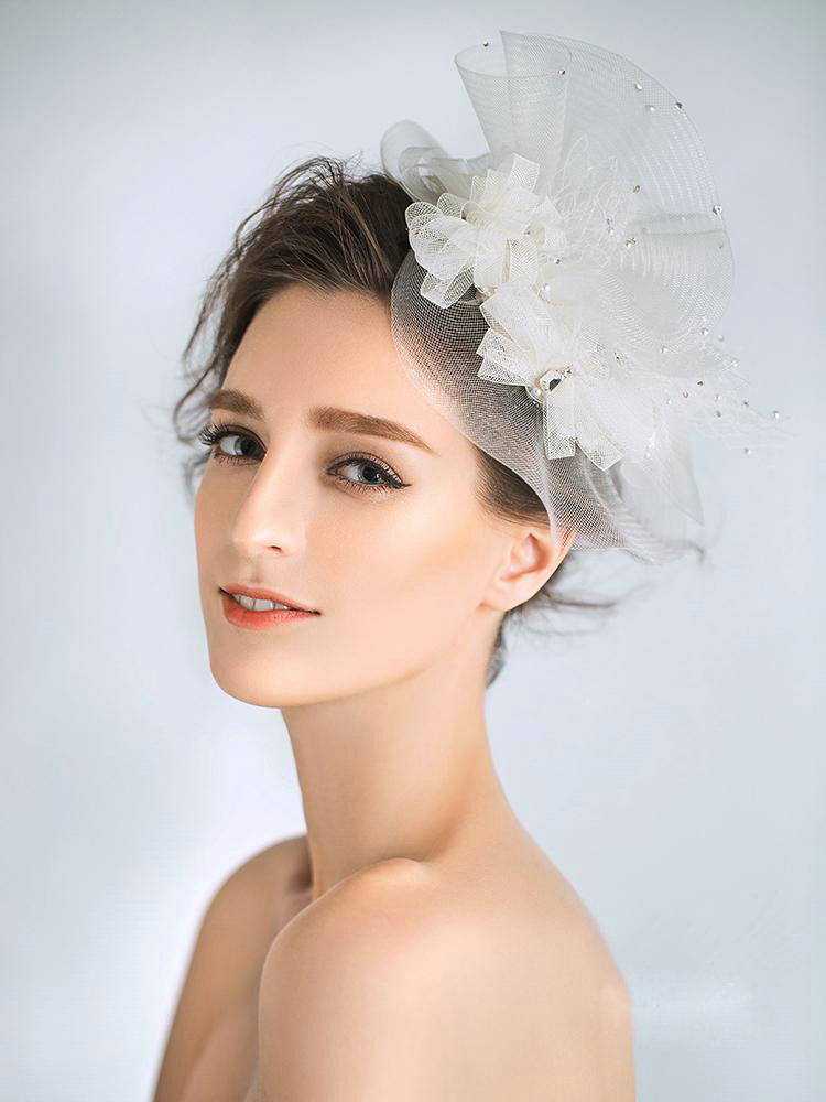 European Princess Pearl Crystal Gauze Bridal Fascinator Hair Accessories Wedding Dress Prom Large Hat Face Veils