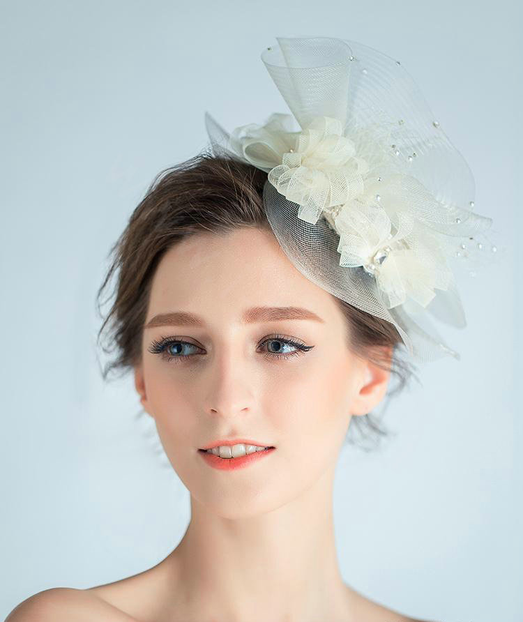 European Princess Pearl Crystal Gauze Bridal Fascinator Hair Accessories Wedding Dress Prom Large Hat Face Veils