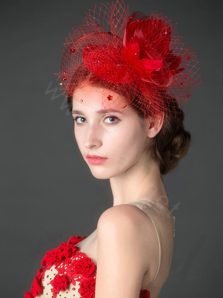 European Red Flower Crystal Gauze Bridal Fascinator Hair Accessories Wedding Party Prom Hat Face Veils