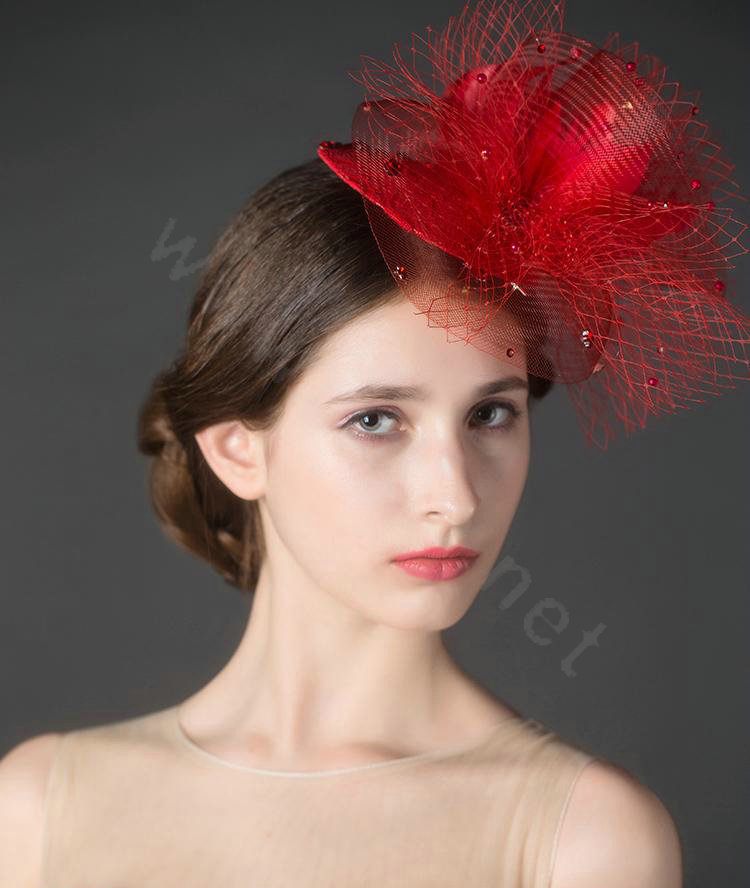 European Red Flower Crystal Gauze Bridal Fascinator Hair Accessories Wedding Party Prom Hat Face Veils