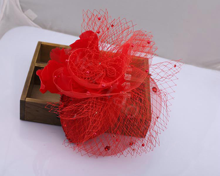 European Red Flower Crystal Gauze Bridal Fascinator Hair Accessories Wedding Party Prom Hat Face Veils
