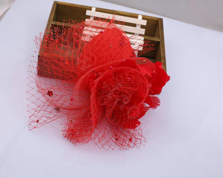 European Red Flower Crystal Gauze Bridal Fascinator Hair Accessories Wedding Party Prom Hat Face Veils