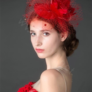 European Red Flower Crystal Gauze Bridal Fascinator Hair Accessories Wedding Party Prom Hat Face Veils