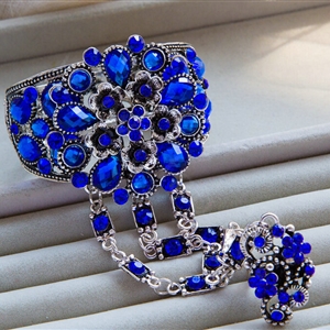 European Retro Blue Rhinestone Flower Bridal Bracelet Wedding Dress Crystal Bangle Chain Jewelry