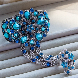 European Retro Peacock Blue Rhinestone Flower Bridal Bracelet Wedding Dress Crystal Bangle Chain Jewelry