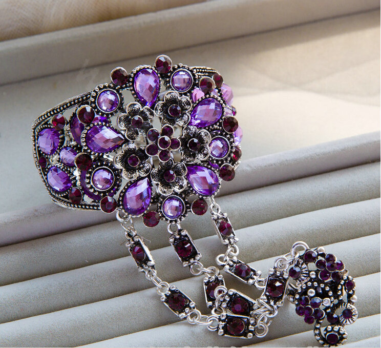 European Retro Purple Rhinestone Flower Bridal Bracelet Wedding Dress Crystal Bangle Chain Jewelry