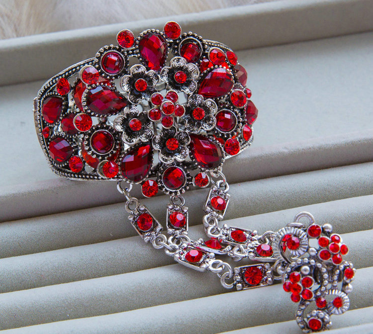 European Retro Red Rhinestone Flower Bridal Bracelet Wedding Dress Crystal Bangle Chain Jewelry
