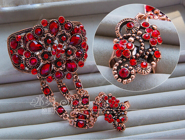 European Retro Rose Gold Red Rhinestone Flower Bridal Bracelet Wedding Dress Crystal Bangle Chain Jewelry