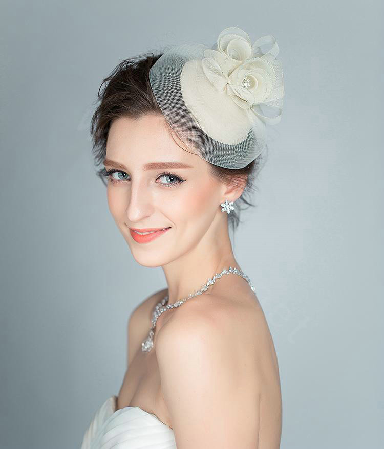 European Rose Flower Crystal Gauze Bridal Fascinator Hair Accessories Wedding Party Prom Hat Face Veils
