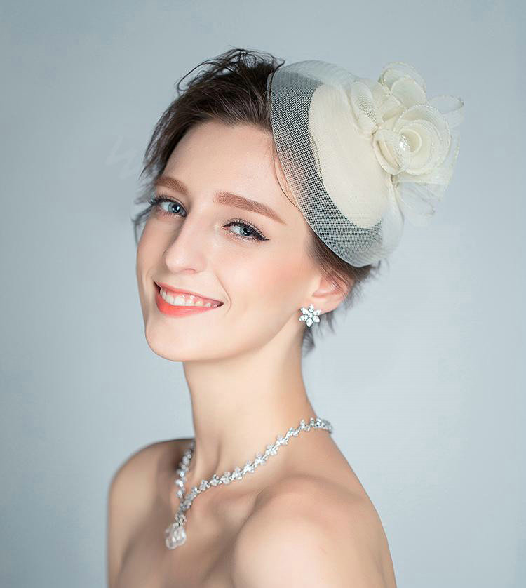 European Rose Flower Crystal Gauze Bridal Fascinator Hair Accessories Wedding Party Prom Hat Face Veils