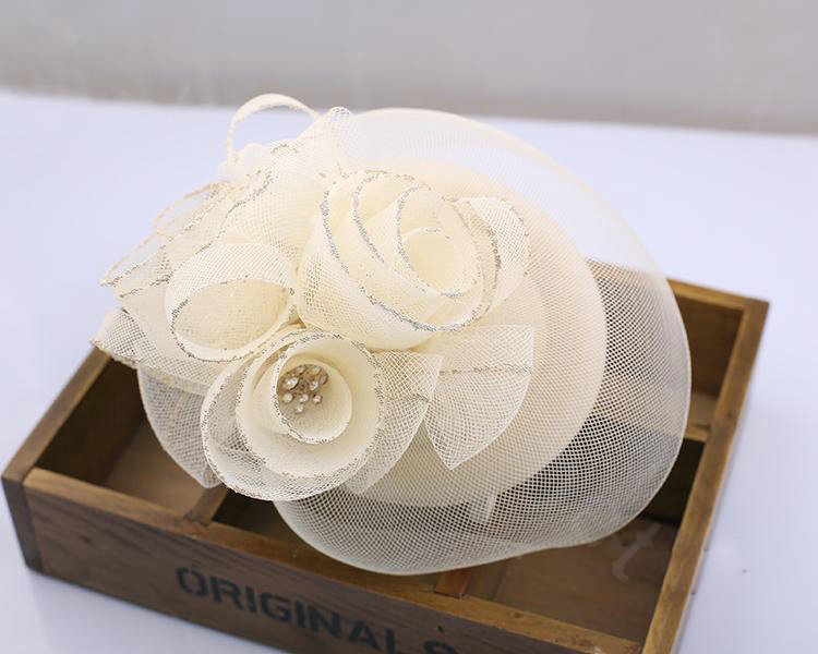 European Rose Flower Crystal Gauze Bridal Fascinator Hair Accessories Wedding Party Prom Hat Face Veils