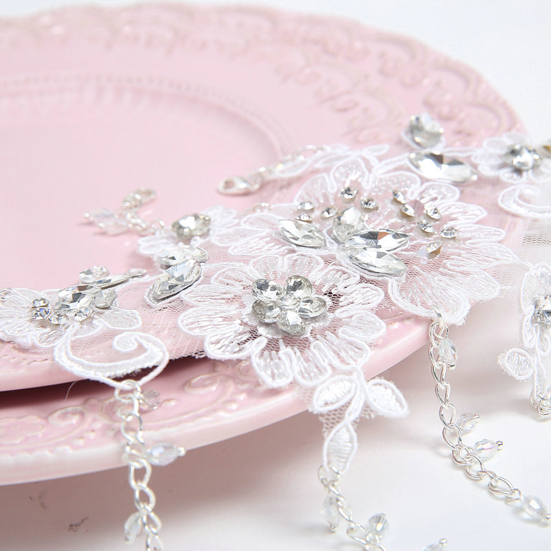 Fashion Delicate Lace Flower Rhinestone Bracelet Bridal Wedding Adjustable Wrap Hand Chain Accessories